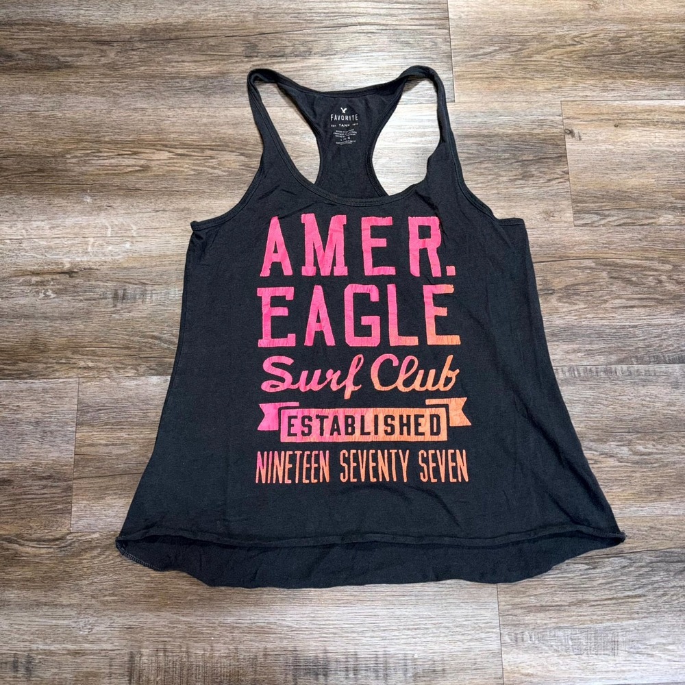 American Eagle Black Favorite Sleeveless Racerback Tank Top Womens Large Graphic